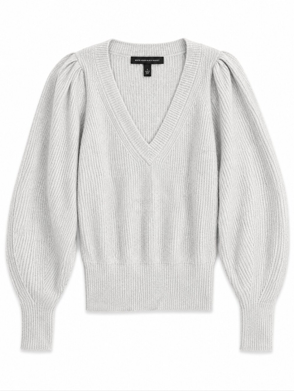116-White House Black Market Light‎ Gray V-Neck Puff Sleeve Sweater